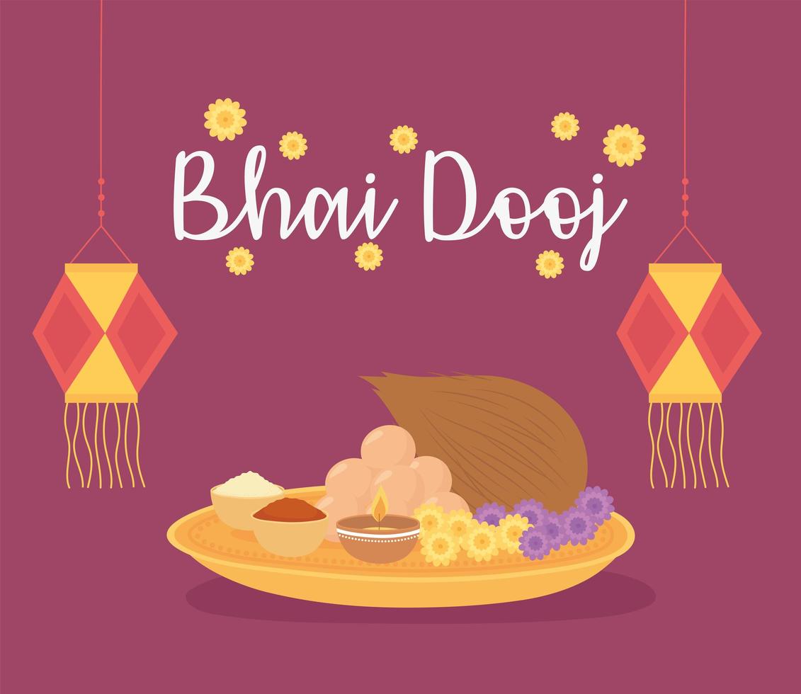 feliz bhai dooj, linternas de inscripción flores y comida tradicional, celebración de la familia india vector