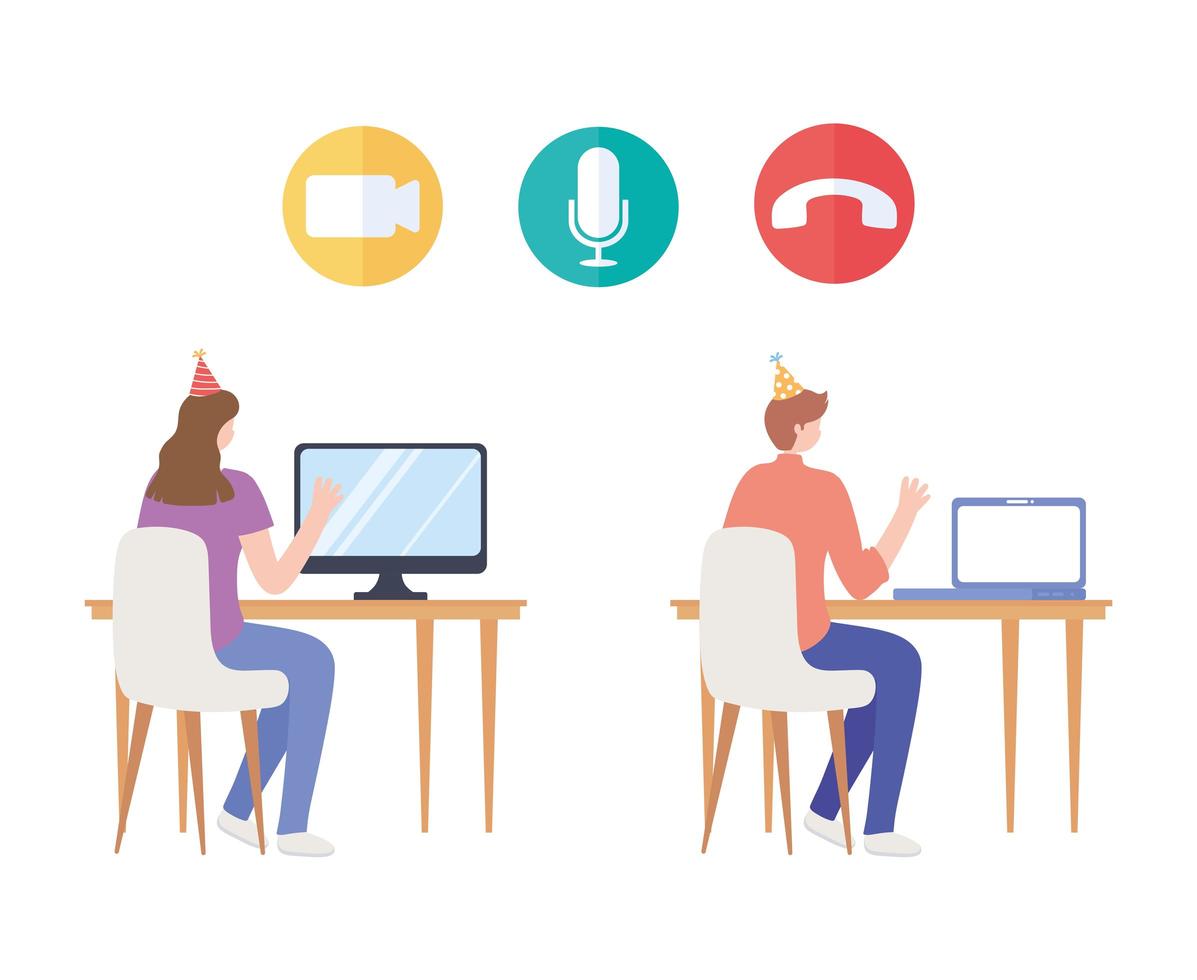 online party, woman and man sitting with party hat and computer vector