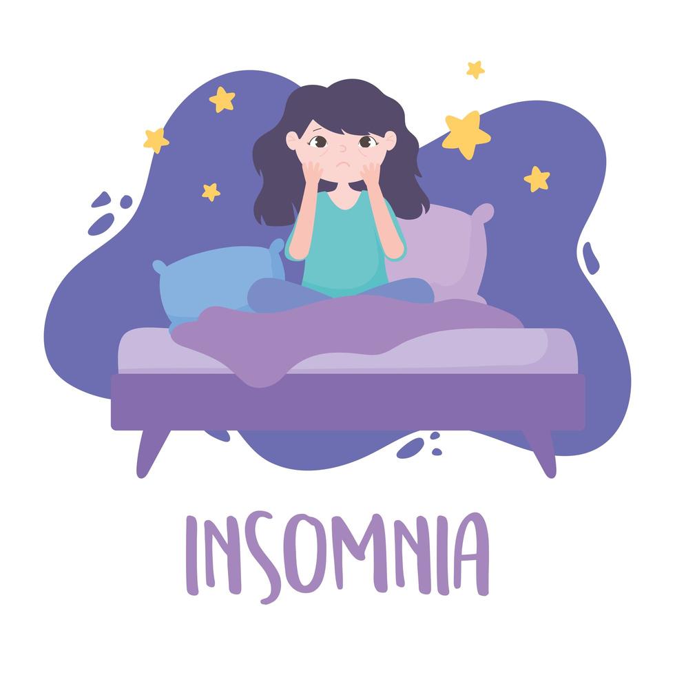 insomnia, sleepless girl on bed with eye bags vector