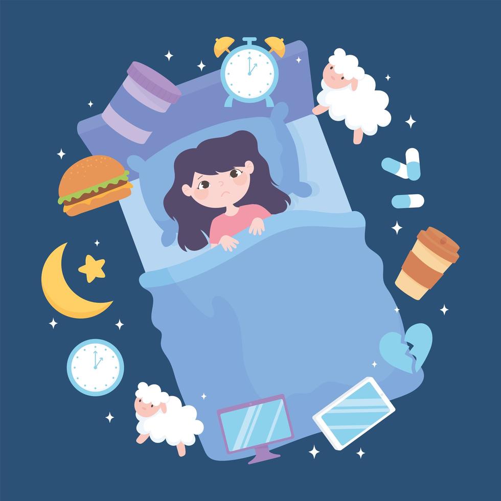 insomnia, girl sleep disorder, causes heavy meal medicine caffeine stress and poor sleep habits vector