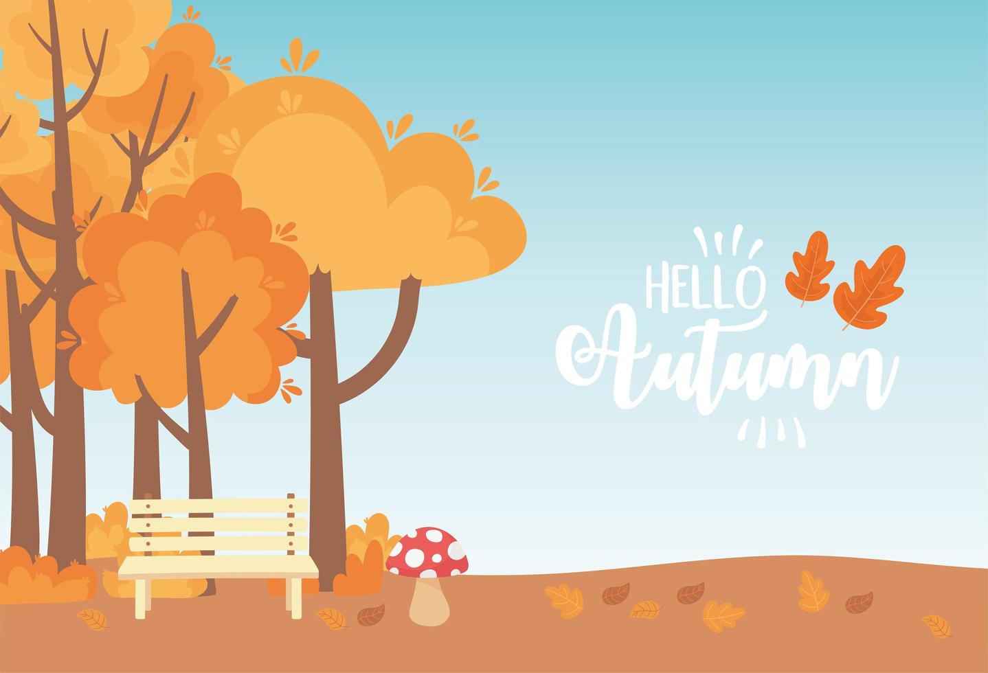 landscape in autumn nature scene, bench park mushroom trees meadow vector