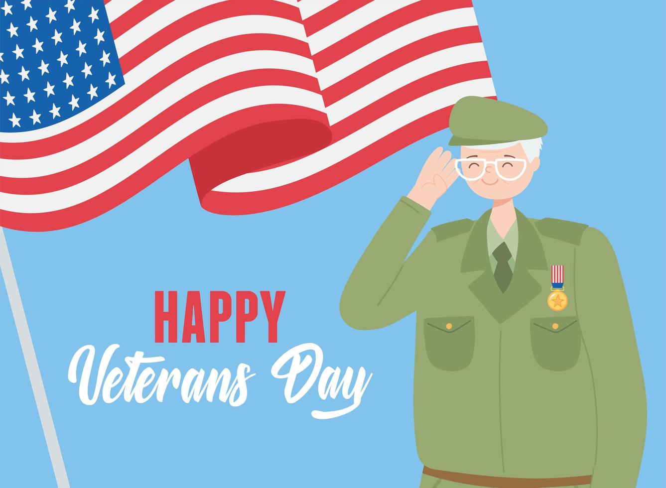 happy veterans day, US military armed forces soldier character and waving american flag vector