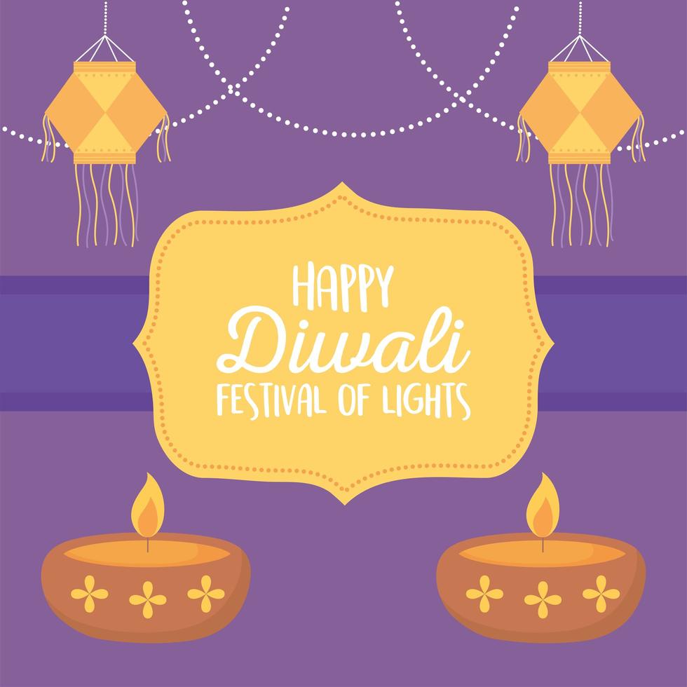 happy diwali festival, hanging lanterns and diya lapms with candles festival of lights, vector design