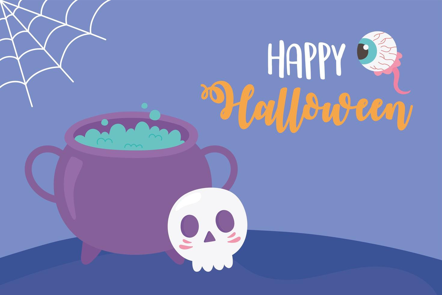 happy halloween cauldron skull creepy eye and cobweb card vector