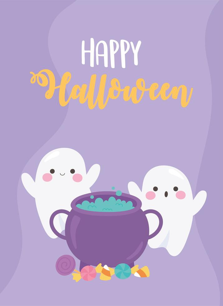 happy halloween, funny ghosts cauldron and candies treat or trick vector