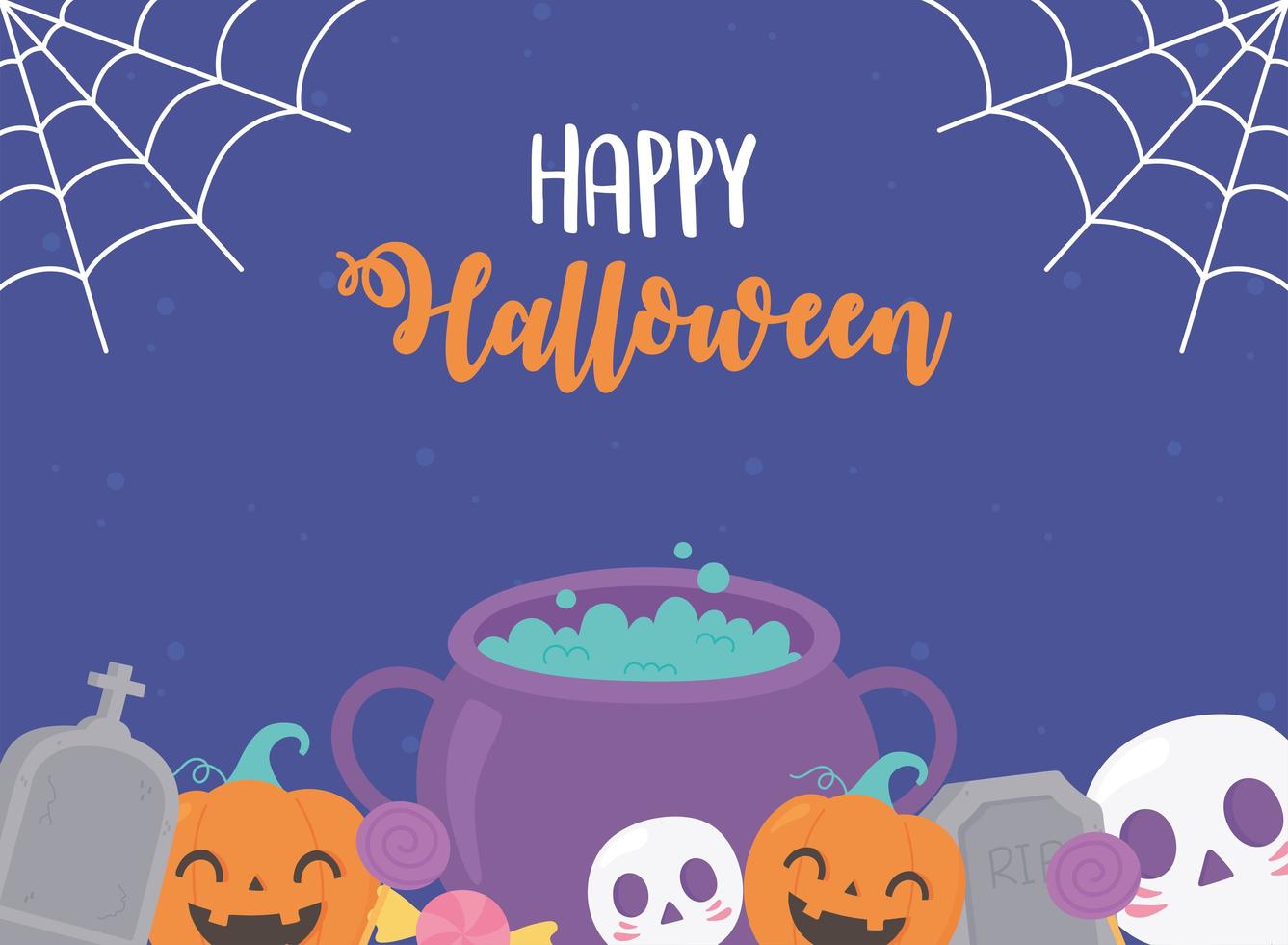 happy halloween pumpkins cauldron skull tombstone cobweb greeting card vector