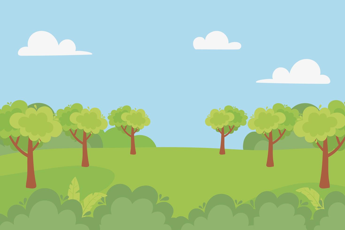 paisaje bosque árboles campo arbusto nubes cielo vector