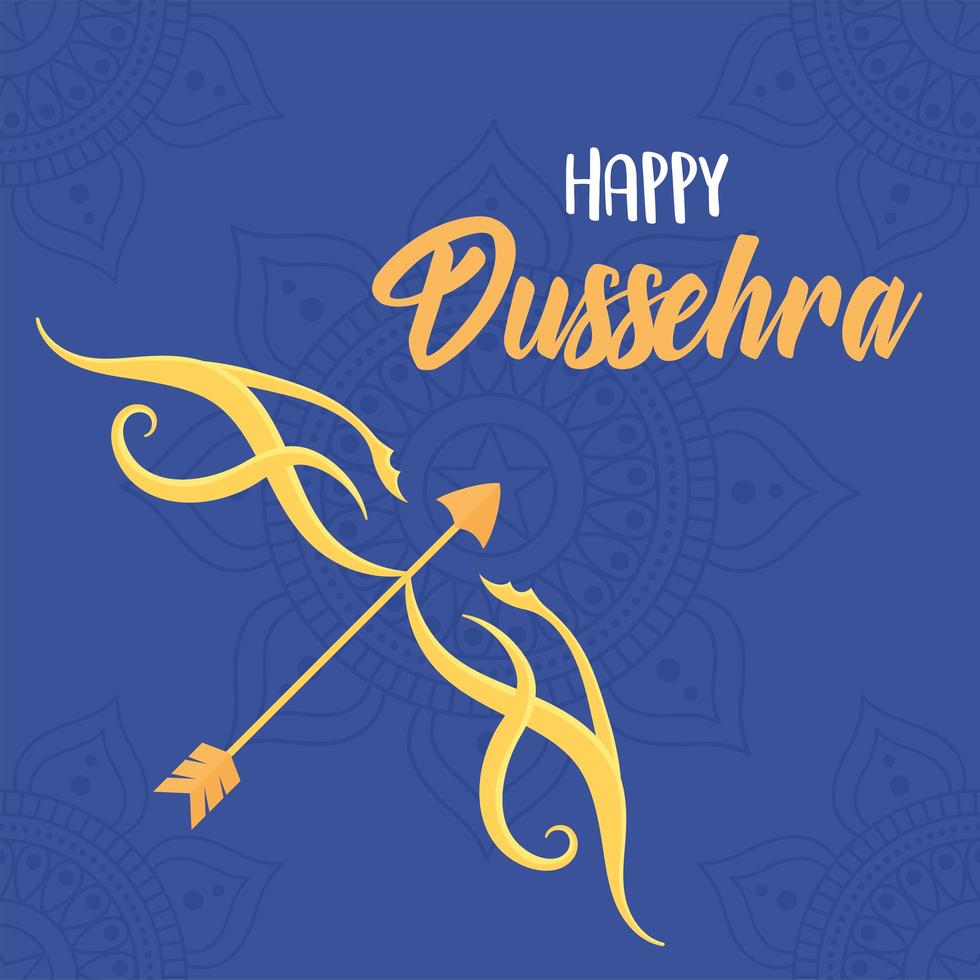 Feliz festival de dussehra de la india arco y flecha de oro sobre un fondo azul con decoración vector