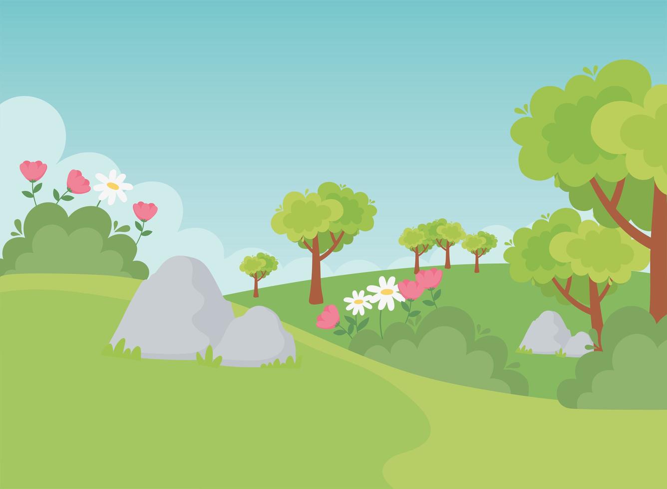 landscape stones trees flowers field nature greenery scene vector