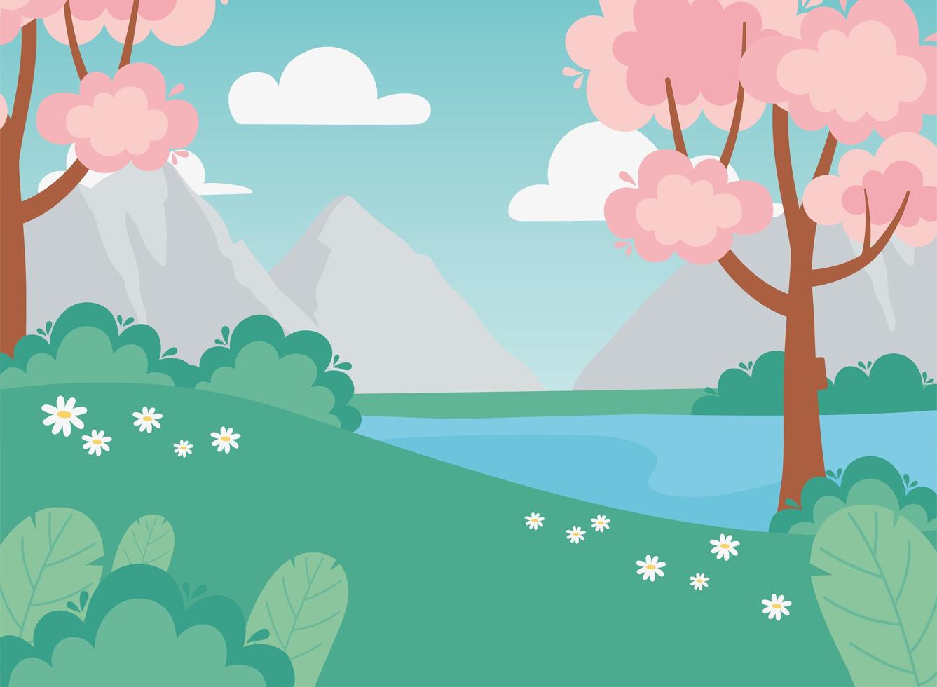 landscape pink trees flowers lake bush meadow mountains vector