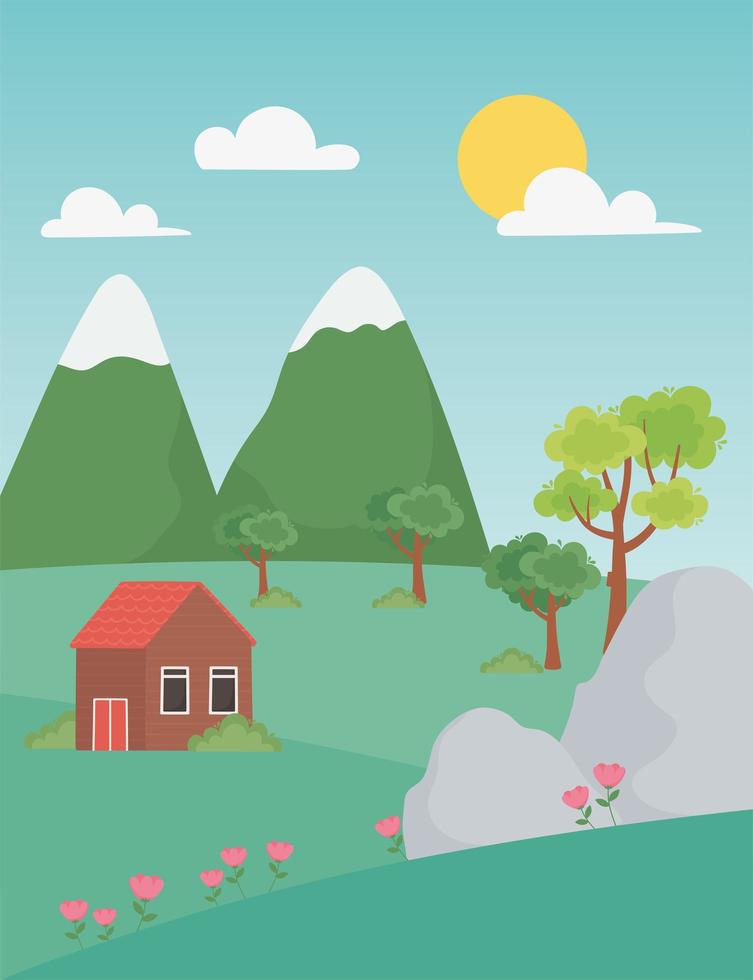 landscape rural house flowers stones mountains peak and trees vector