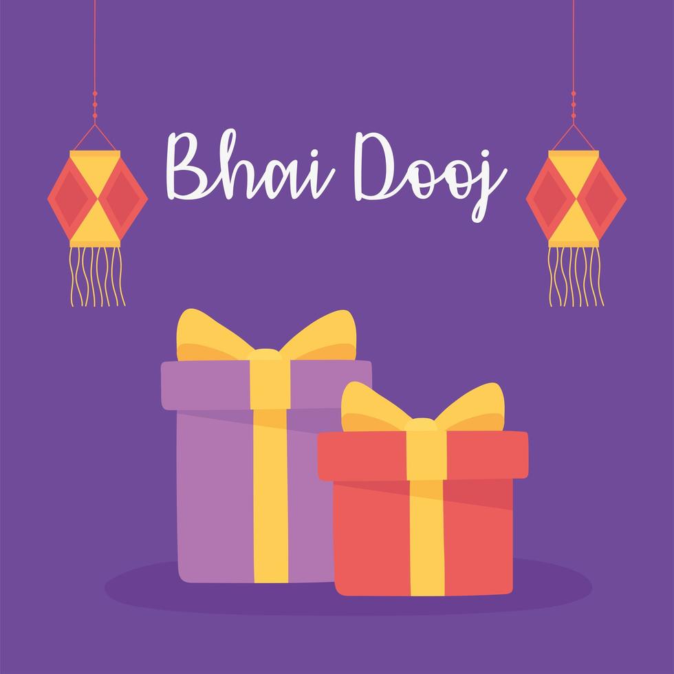 happy bhai dooj, indian family celebration gifts and lanterns greeting card vector