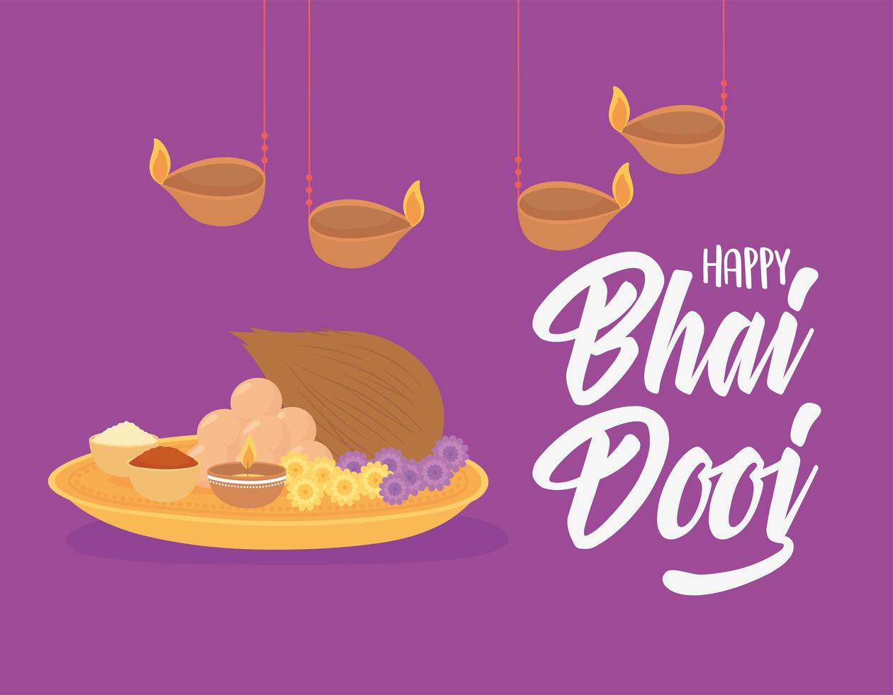 happy bhai dooj, hanging lamps food indian family celebration, purple background vector