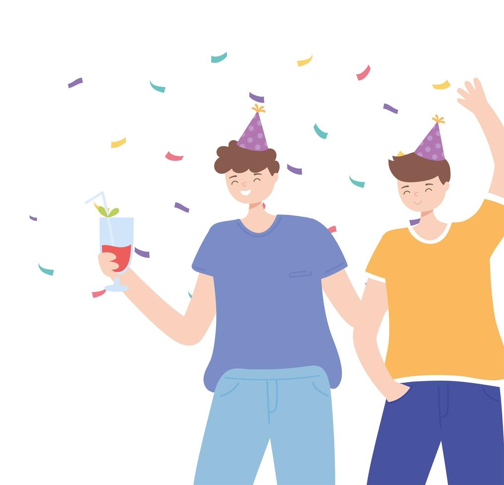 Hombres jóvenes con sombreros de fiesta y celebración de confeti de bebida vector