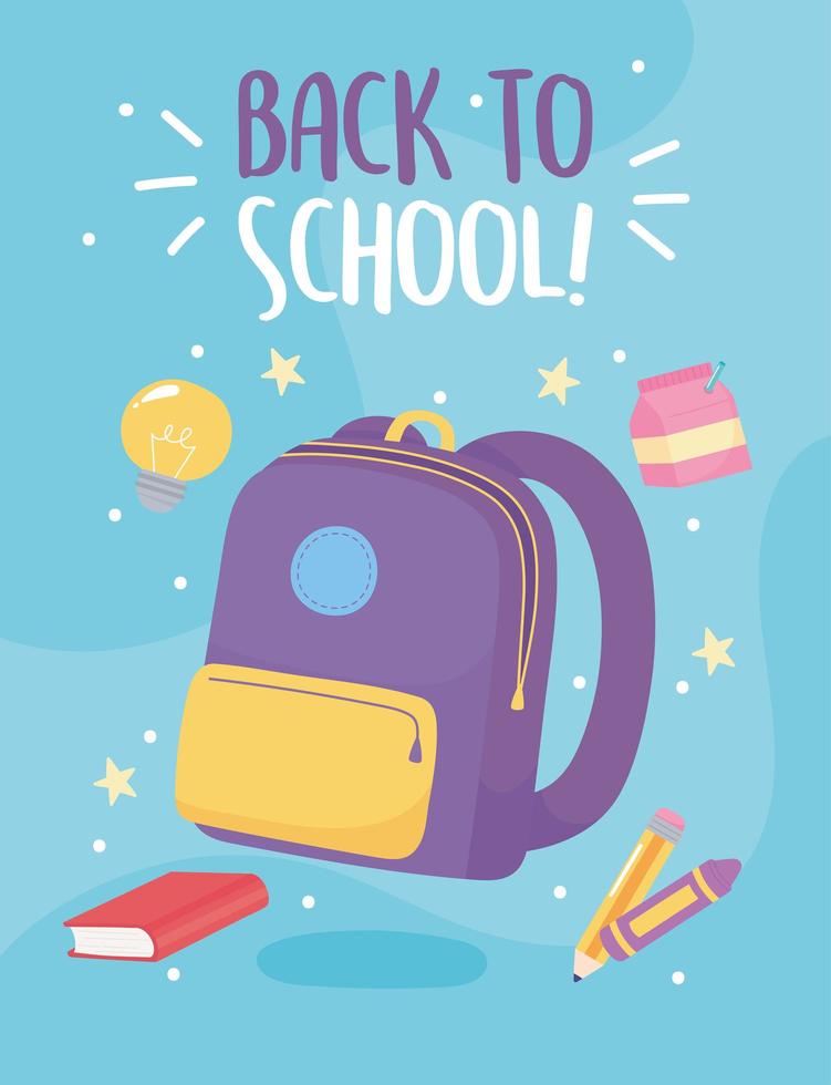 back to school, bag book pencil crayon and milk box, elementary education cartoon vector