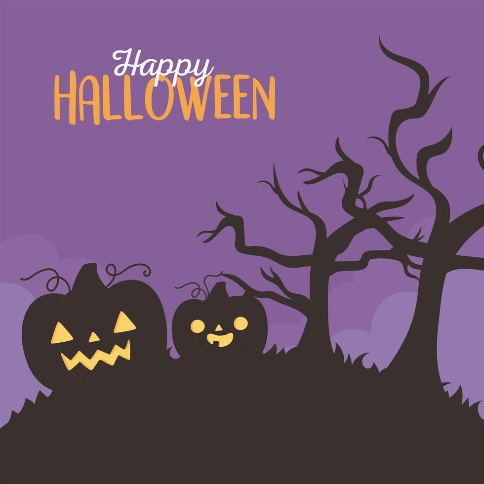 feliz halloween, calabazas espeluznantes, árboles secos, noche, truco o trato, celebración de fiestas vector