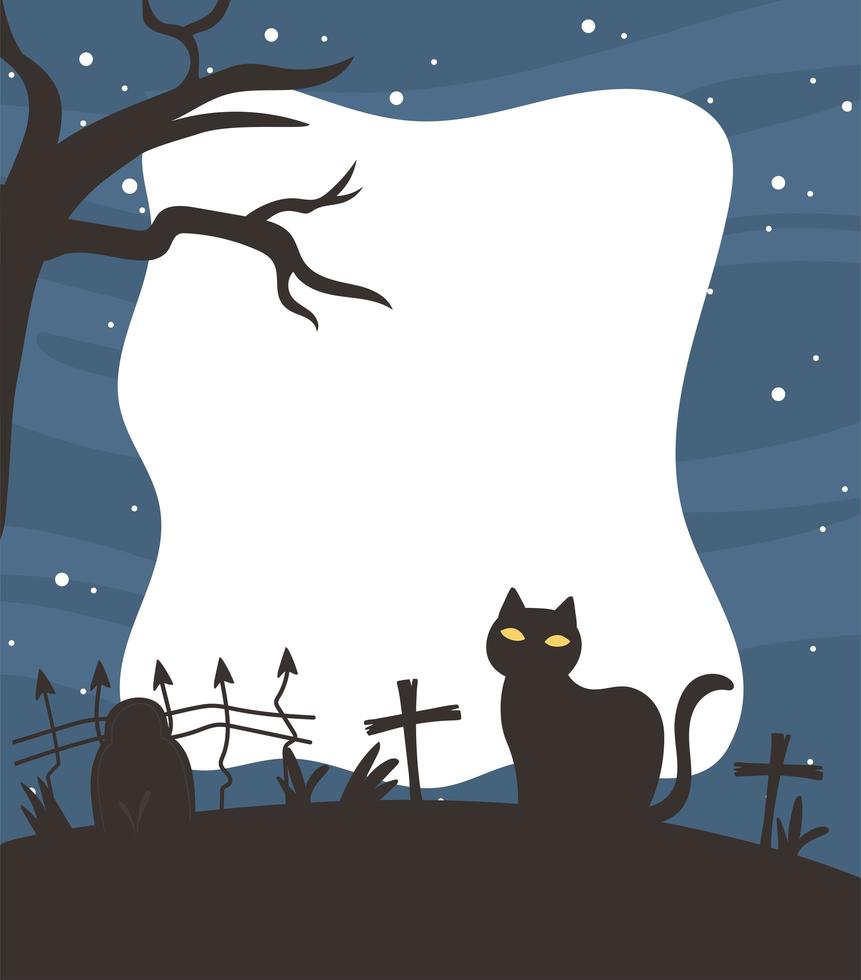 happy halloween, dark cat cemetery fence cross tree stars sky night trick or treat party celebration vector