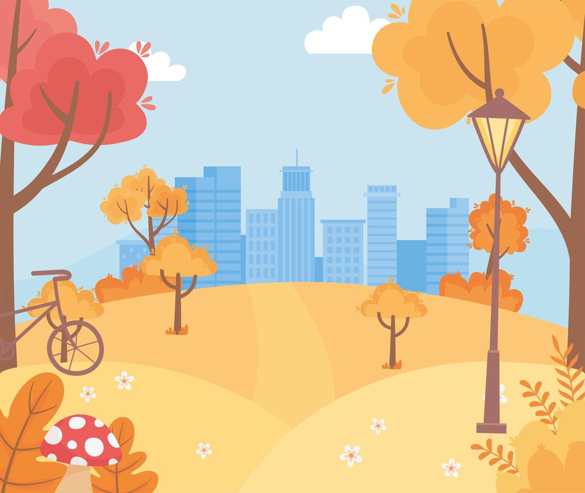 landscape in autumn nature scene, urban cityscape hills bicycle trees foliage vector