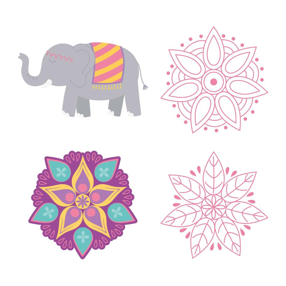 happy diwali festival, floral mandala flowers and elephant icons vector design