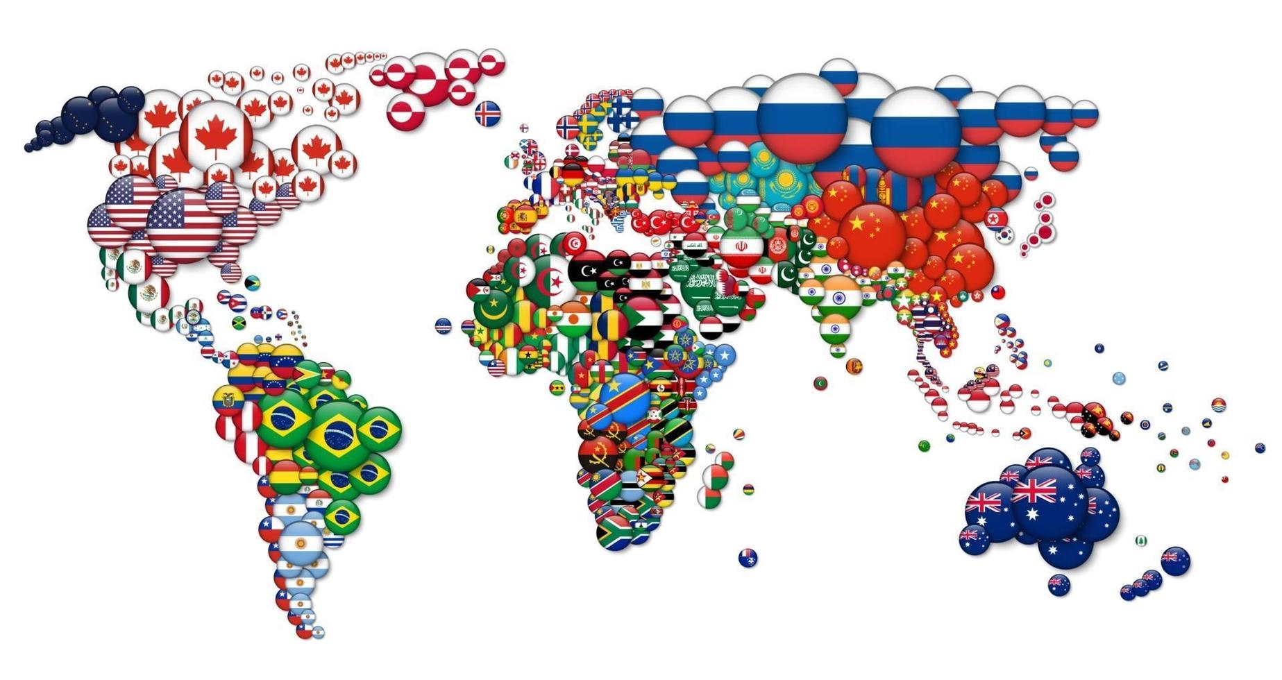 World map and all national circle country flags. 3D design. Creative concept. vector