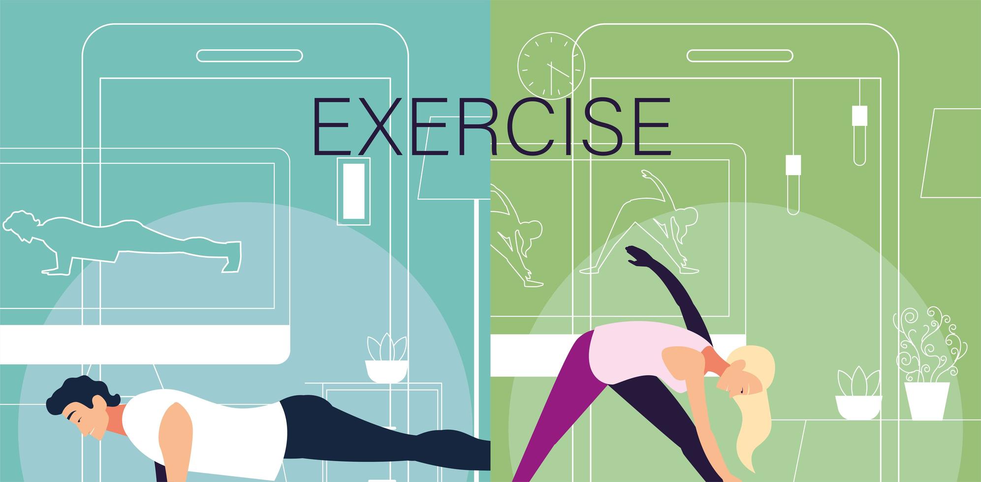 poster with couple people out doing exercises at home vector