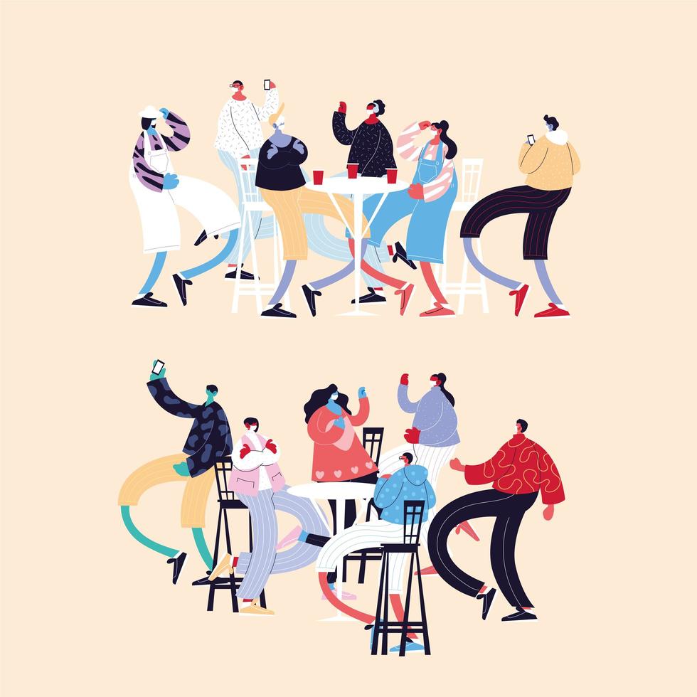 Conjunto de personas bailando diferentes poses con máscaras faciales. vector