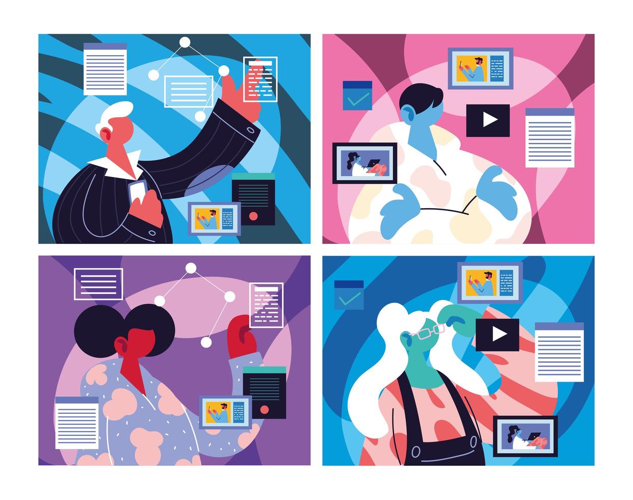 cards people with social media icons vector