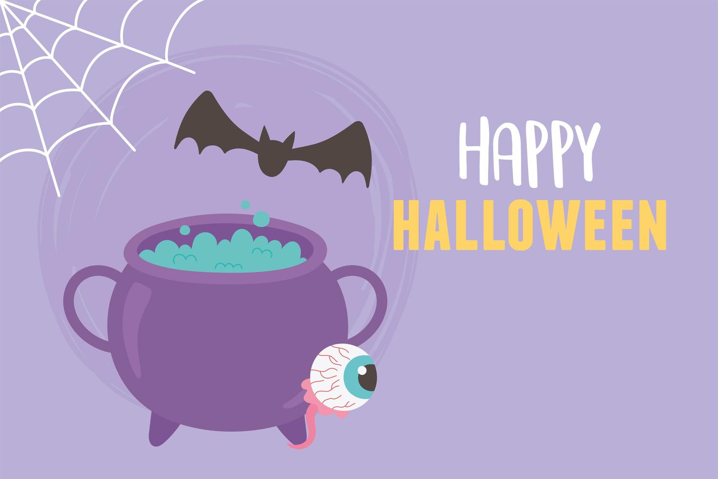 happy halloween cauldron bat cobweb and spooky eye vector