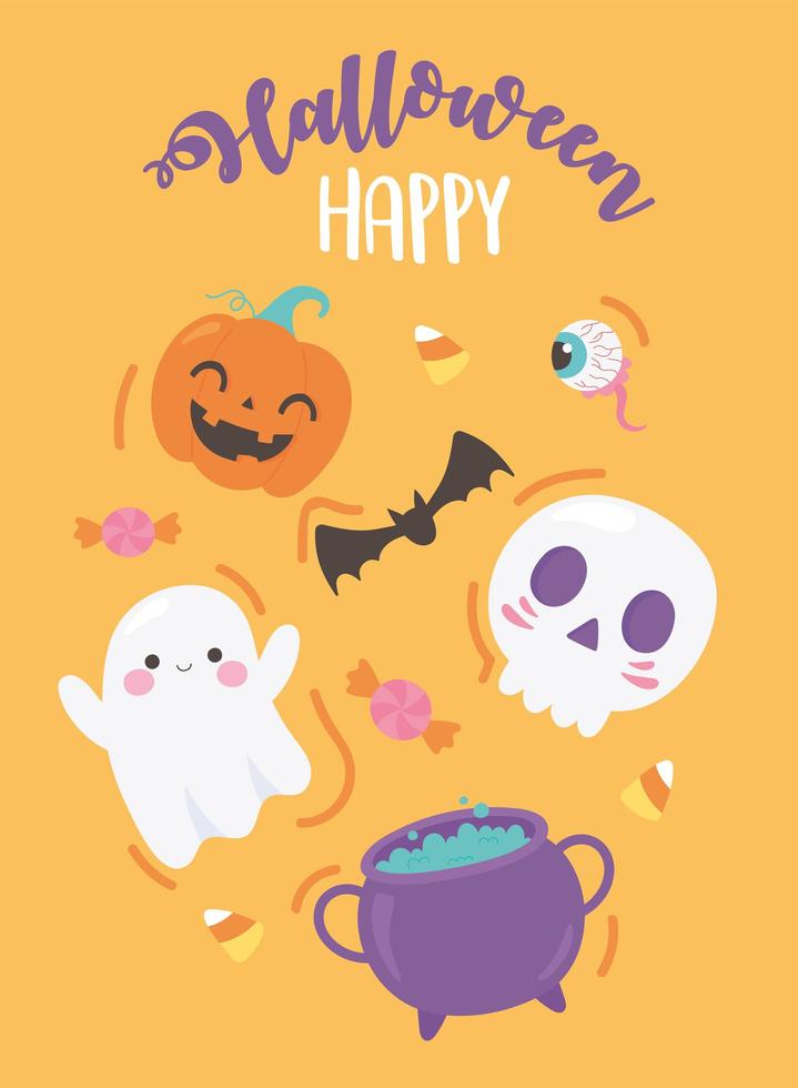 happy halloween funny pumpkin skull bat cauldron candies creepy eye poster vector