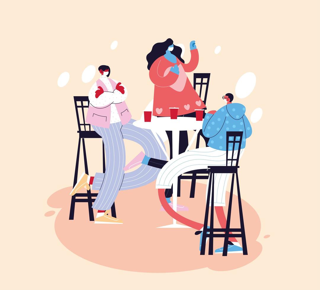 Grupo de personas celebrando con bebidas usan máscaras faciales. vector