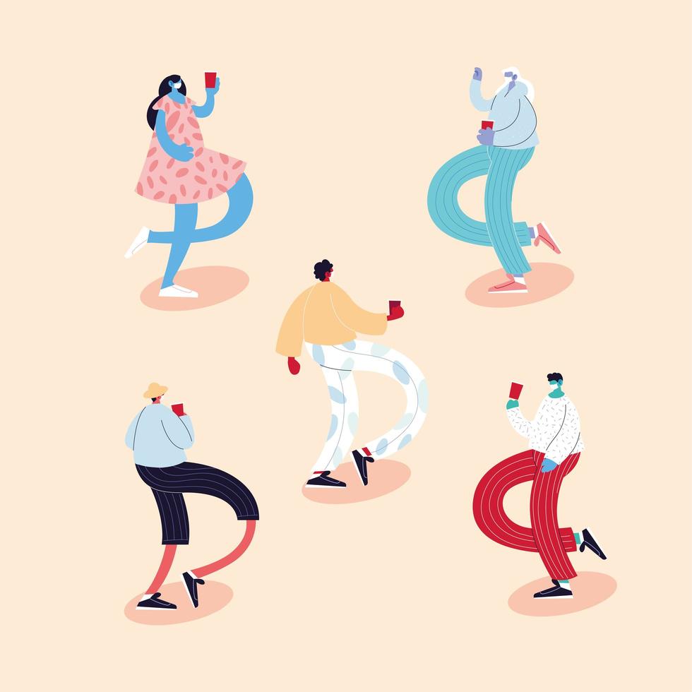 set of people dancing different poses using face masks vector