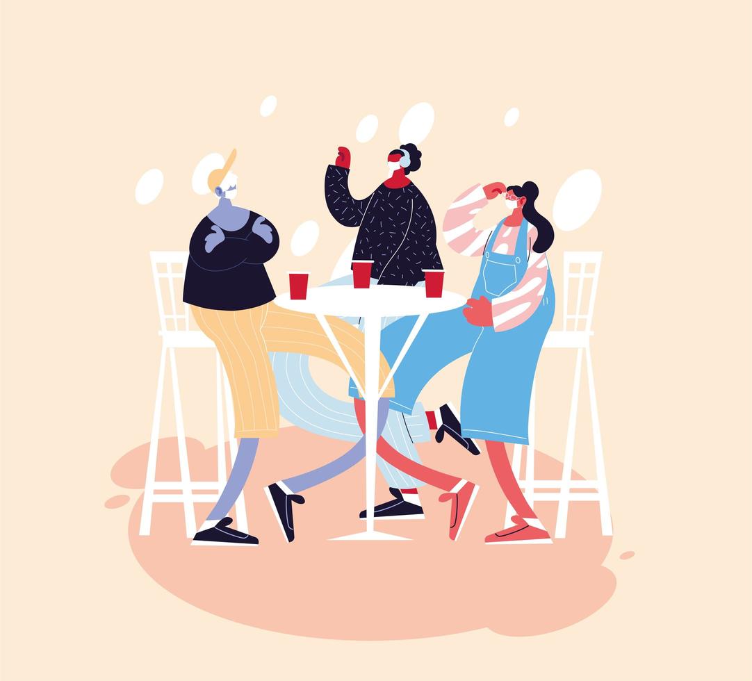 Grupo de personas celebrando con bebidas usan máscaras faciales. vector