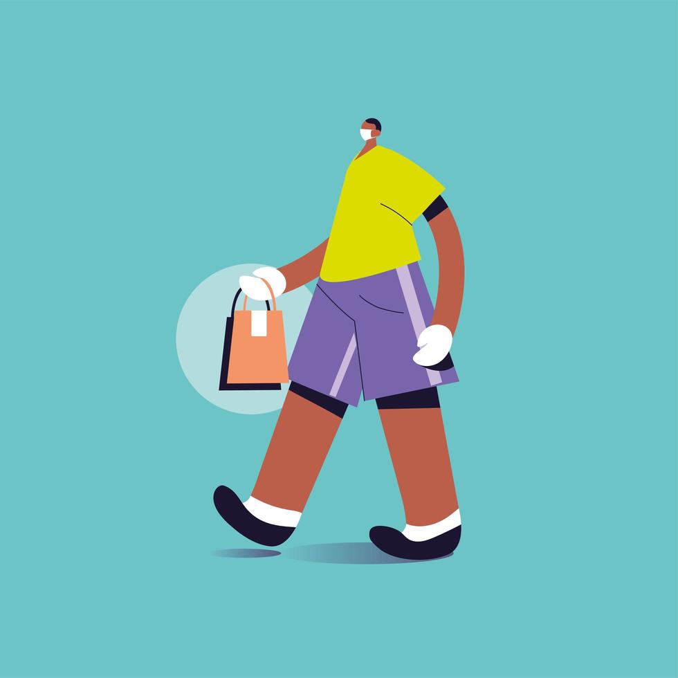 delivery man with face mask carries shopping bag vector