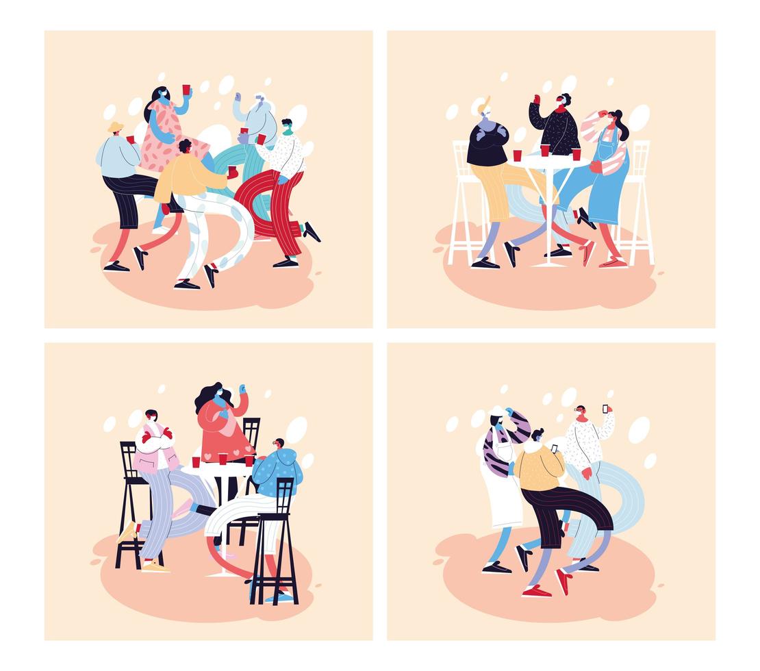 set of cards with people celebrating using face mask vector