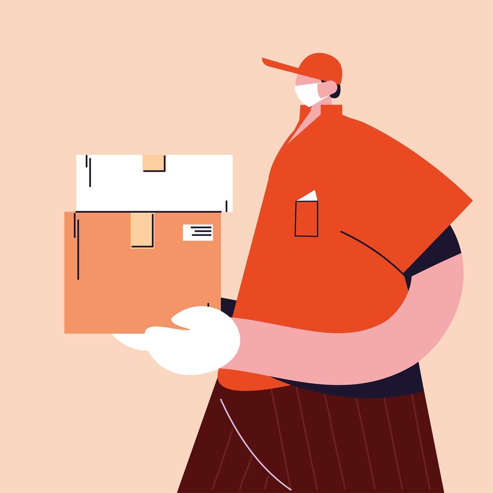 delivery man with face mask carries cardboard box vector