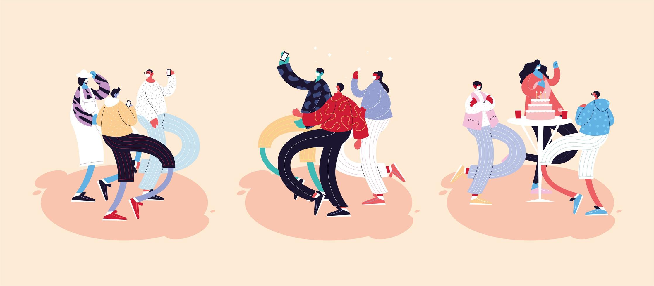 set of people dancing different poses using face masks vector