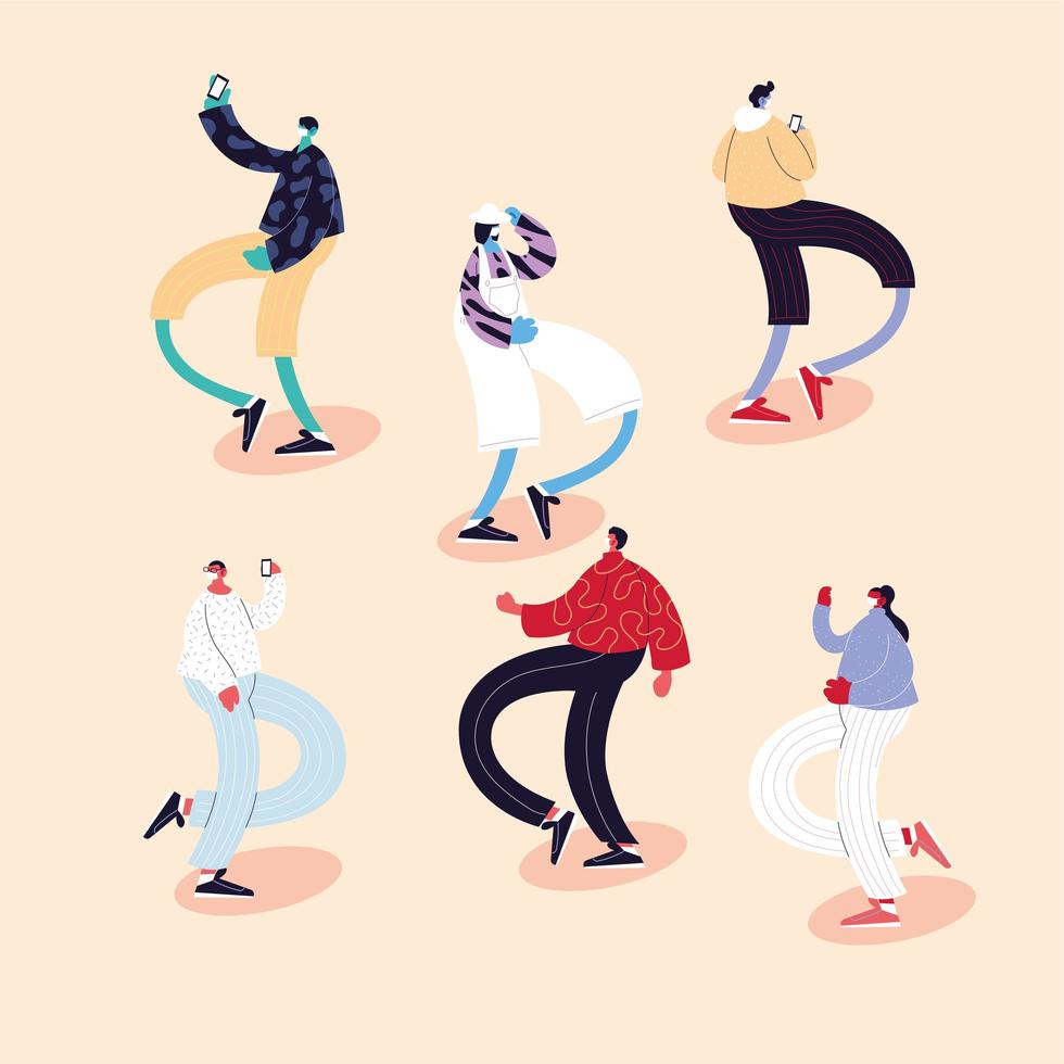 set of people dancing different poses using face masks vector