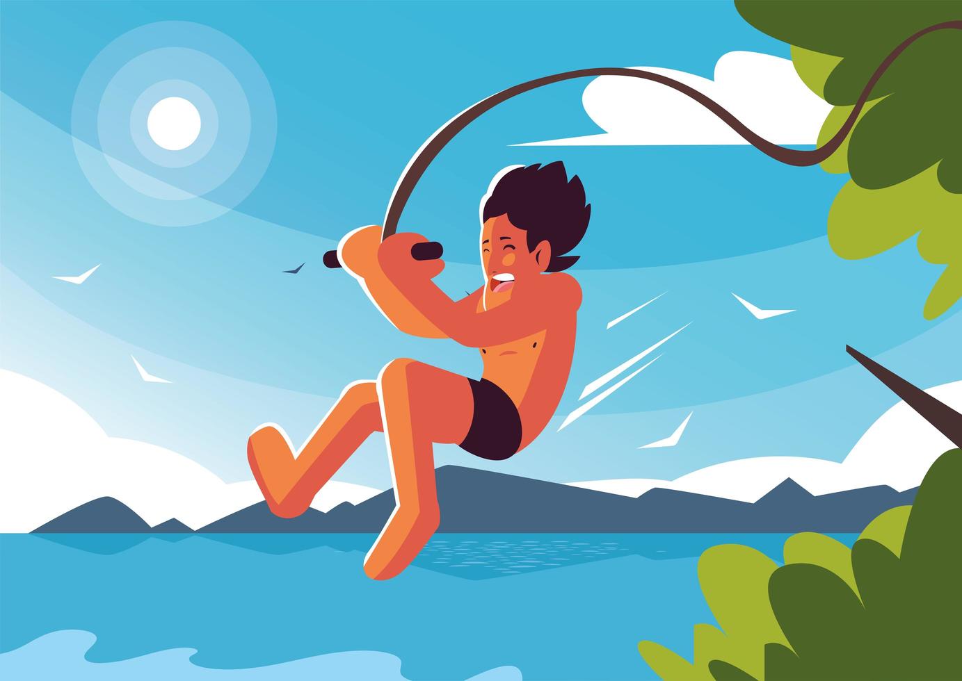 Hombre saltando a la piscina con paisaje de fondo vector