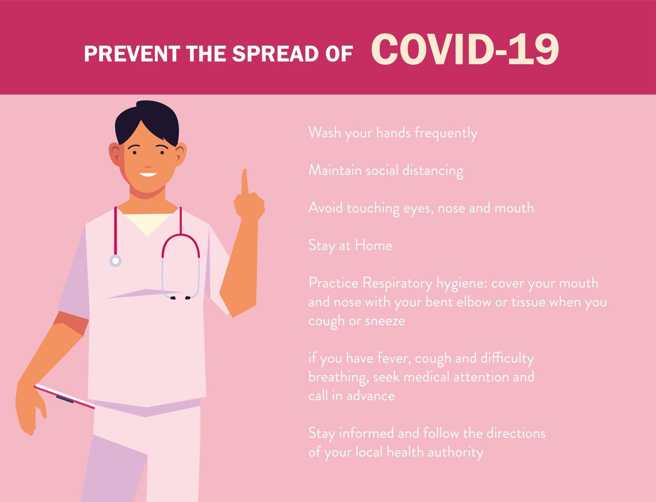 médico explica infografías cómo prevenir la propagación del covid 19 vector