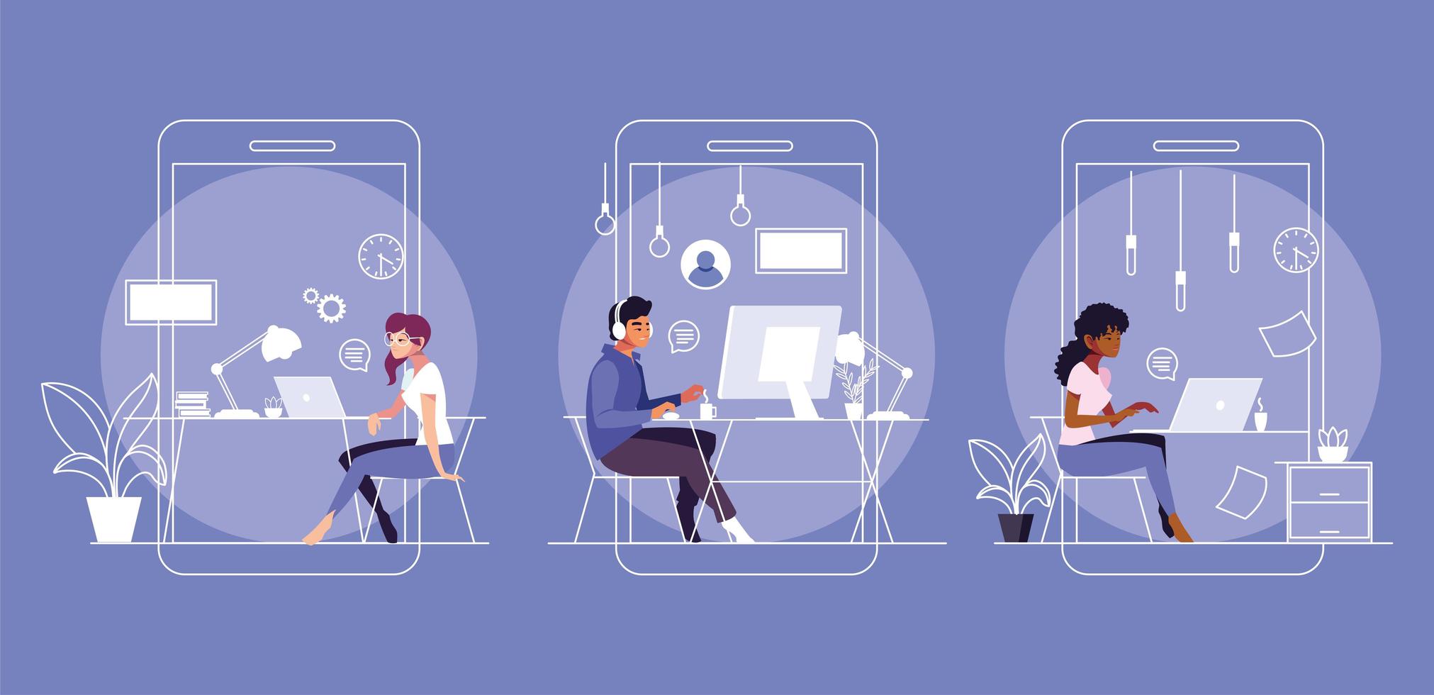 set of cards people working from her home vector
