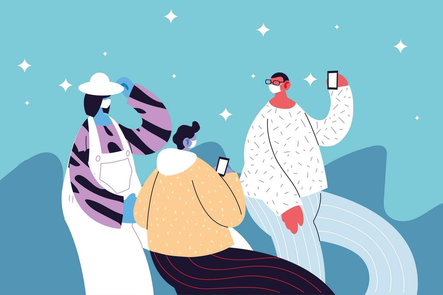 group people celebrating using face mask vector