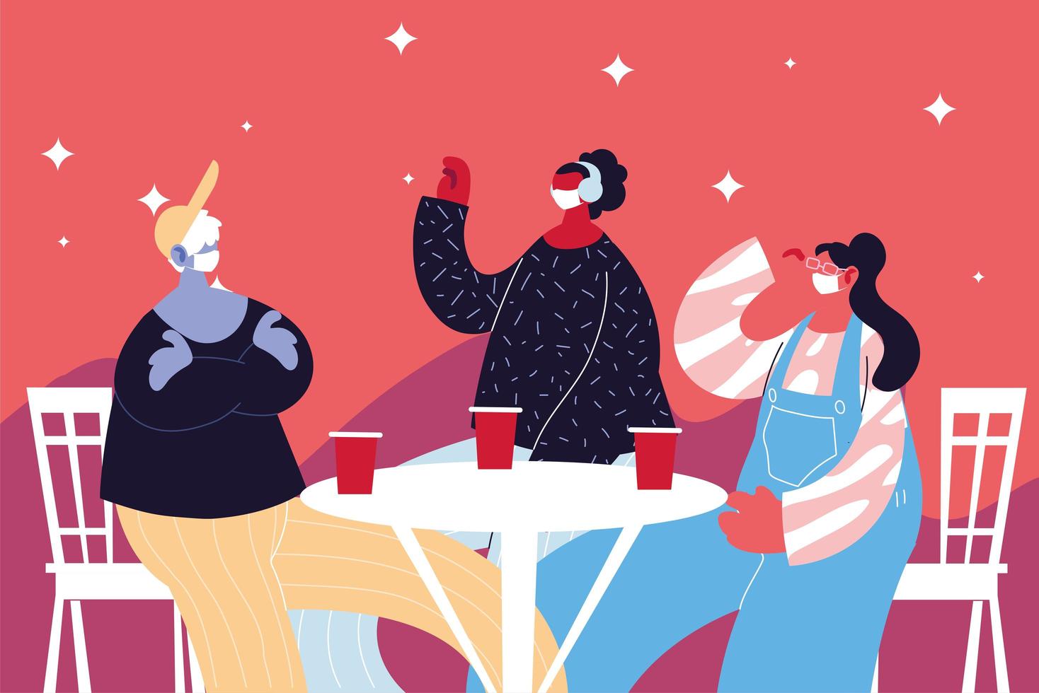 group people celebrating with drinks they use face masks vector