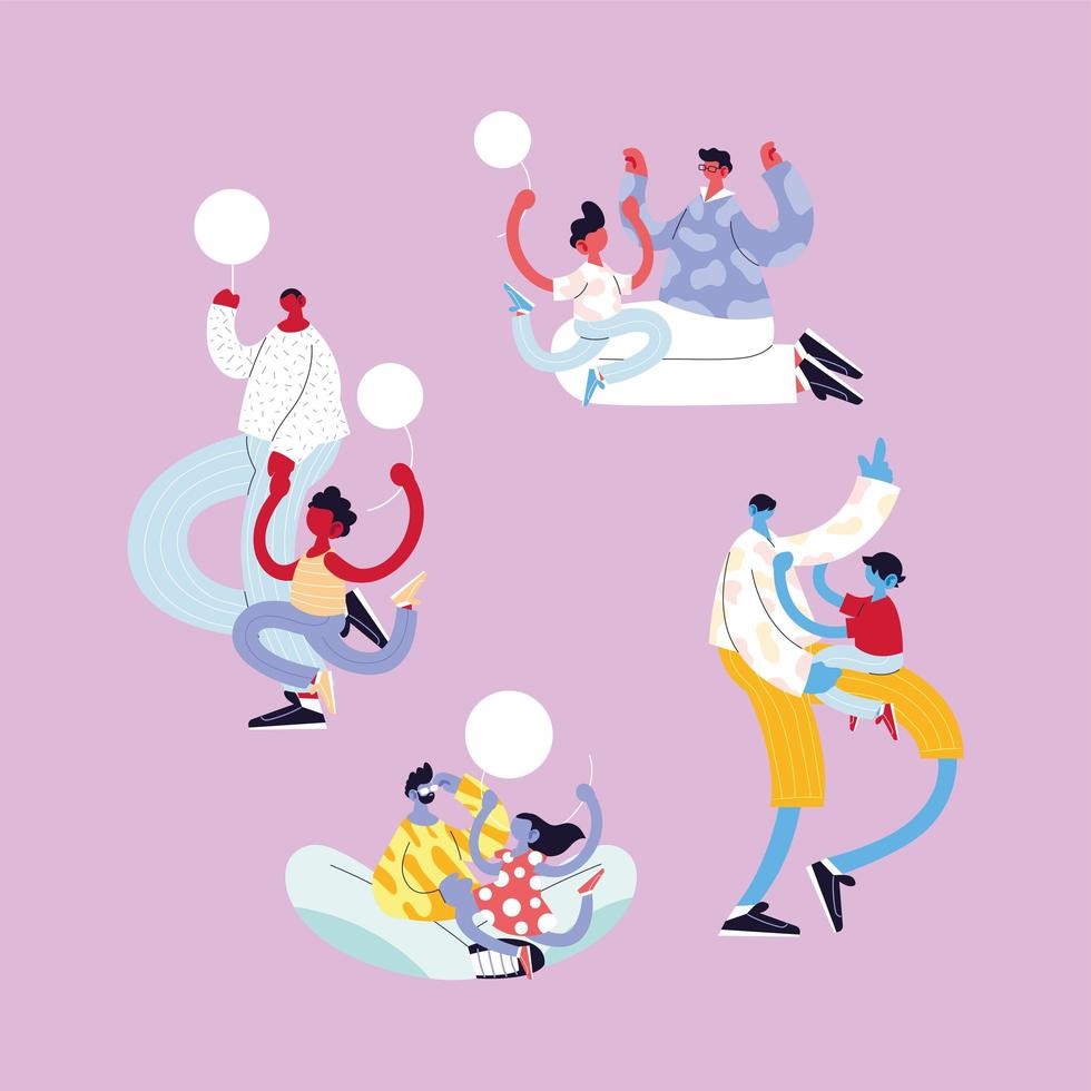 man and children in different poses, happy father day vector