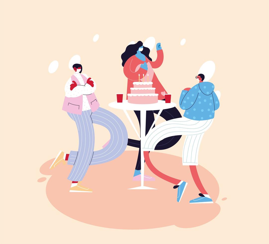 Grupo de personas celebrando con bebidas usan máscaras faciales. vector