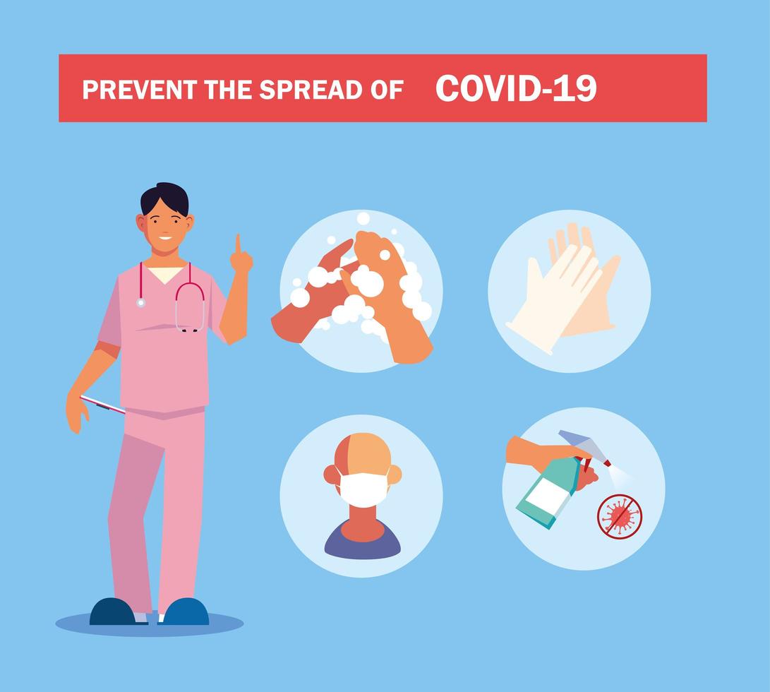 doctor explain Infographics how prevent the spread of covid 19 vector