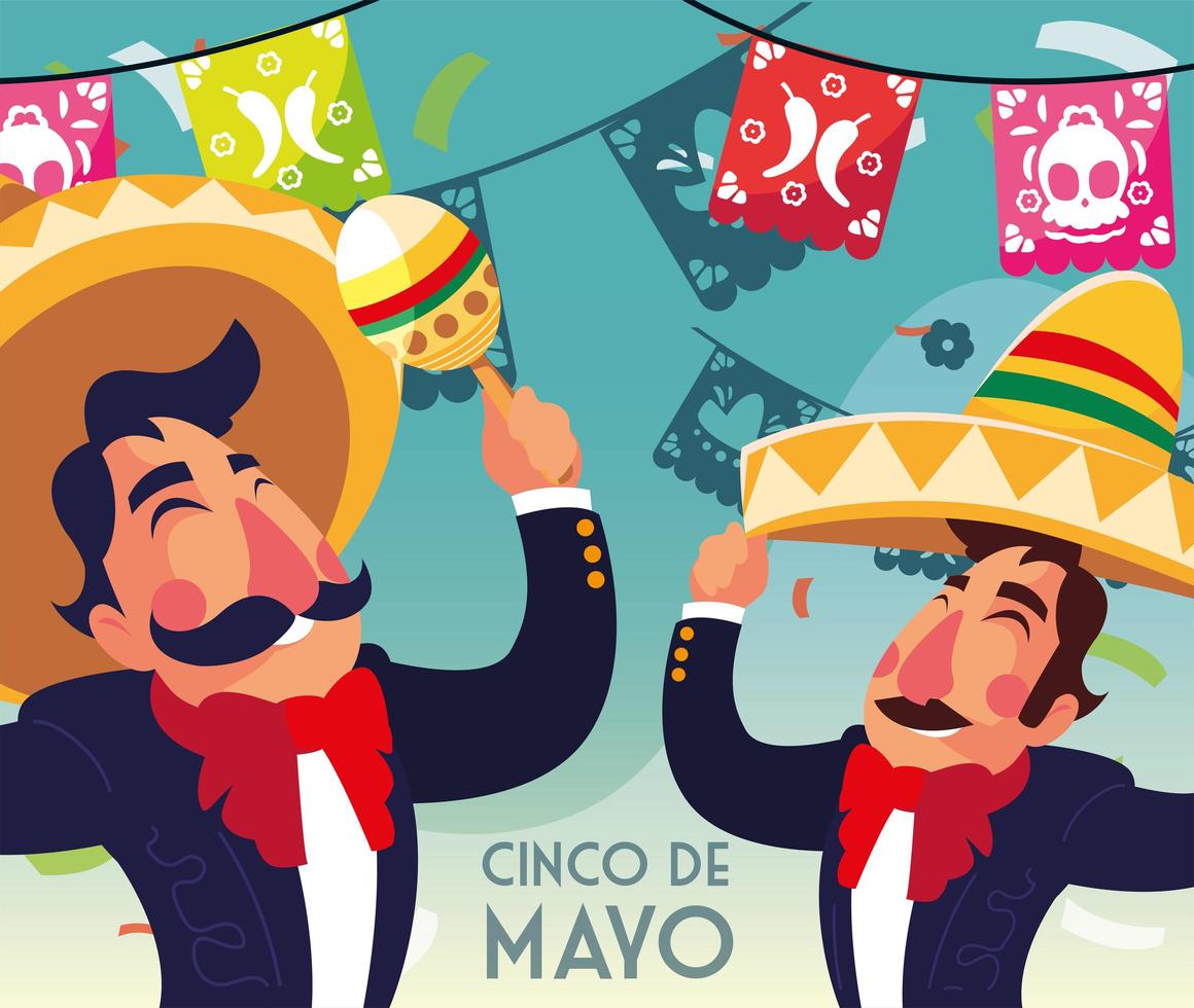 vacaciones cinco de mayo con hombres en traje mariachi vector