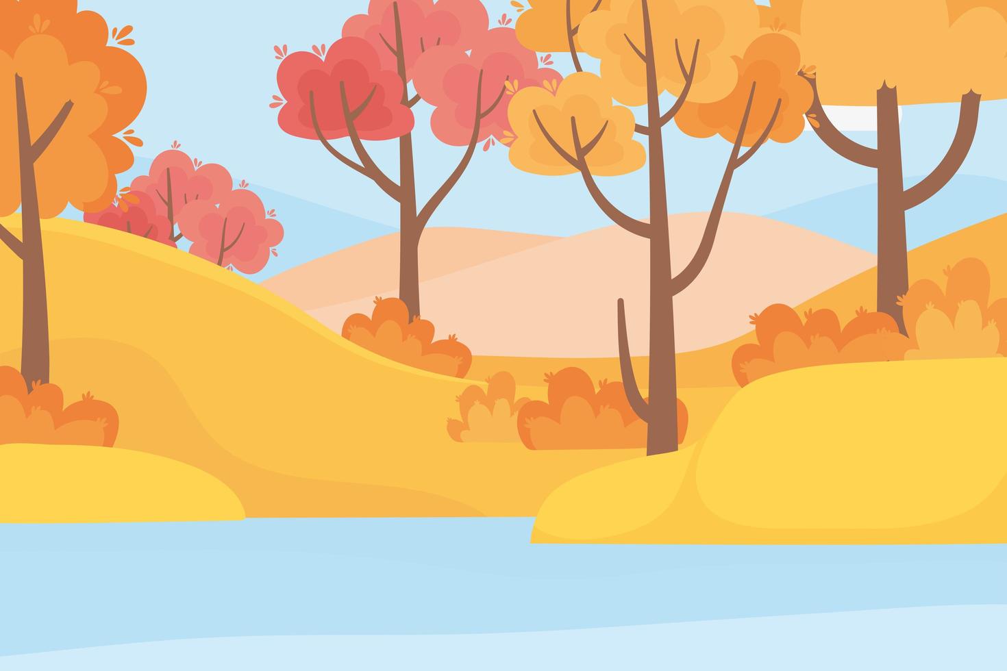 landscape in autumn nature scene, forest trees grass and lake vector