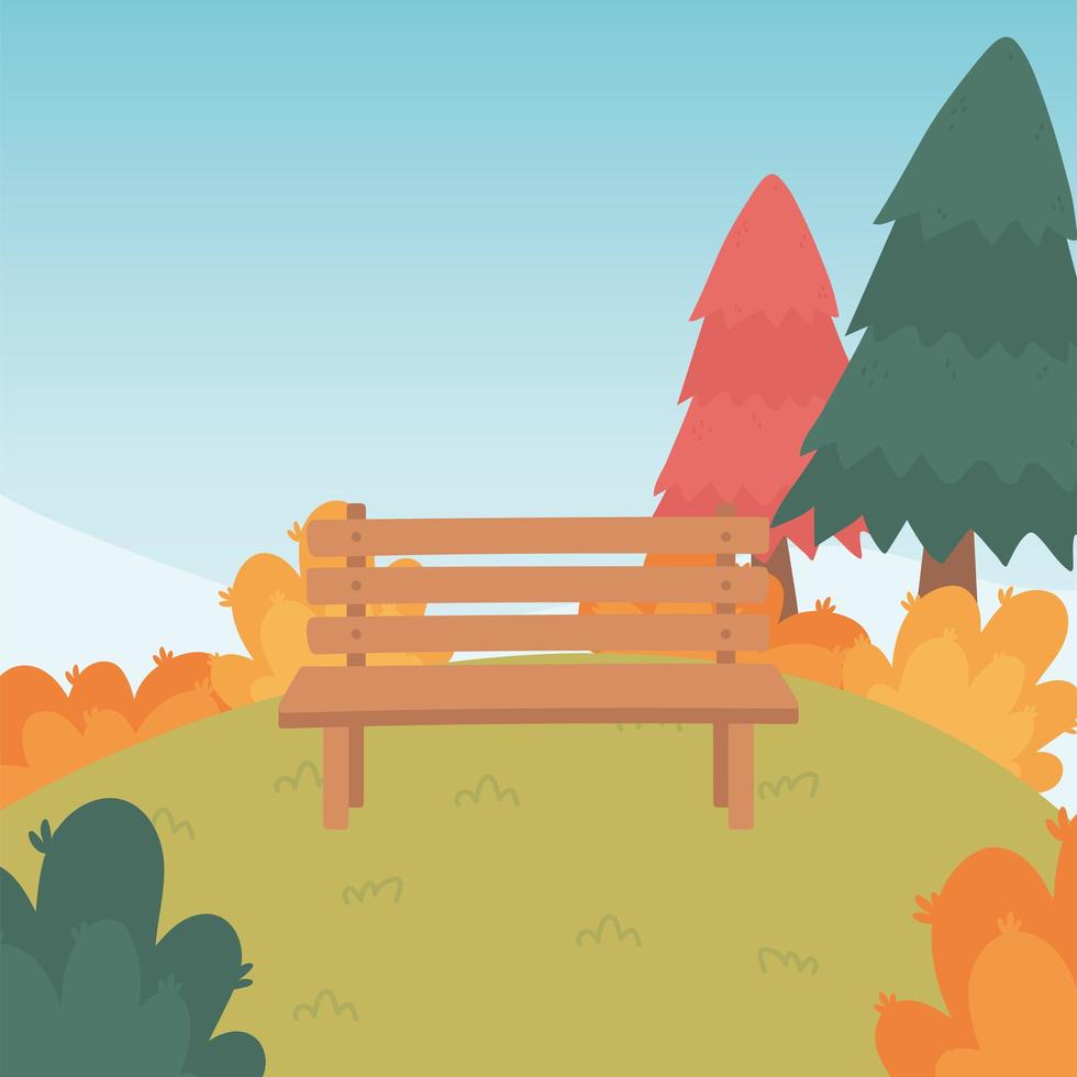 landscape in autumn nature scene, bench park in hill with trees forest vector