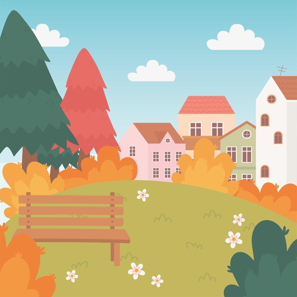 landscape in autumn nature scene, village houses bench trees flowers grass cartoon vector