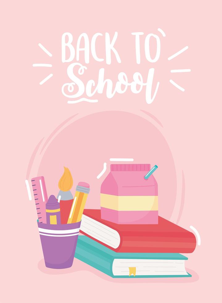 back to school, milk box lunch pencils and book, elementary education cartoon vector